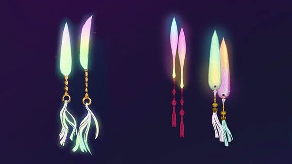 A picture of 3 sets of daggers with neon blades and frilly threads at the end of the handles.